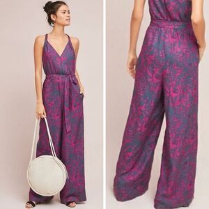 ett twa Anthropologie Pant Jumpsuit Womens L Purple Navy Wide Leg Linen Blend